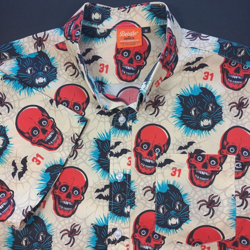 Creepy Co Beistle Simply Spooky Shirt Mens M Halloween Skull Scratch Cat Button